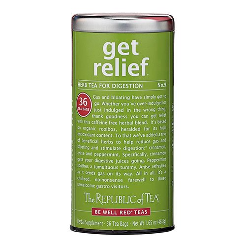 The Republic of Tea Get Relief Tea cup pour, warm rooibos blend for relaxing moments.