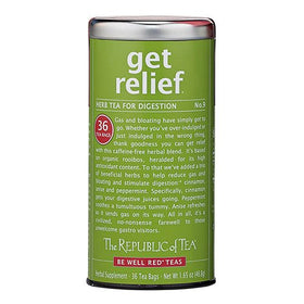 The Republic of Tea Get Relief Tea cup pour, warm rooibos blend for relaxing moments.