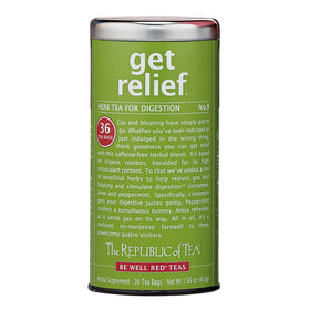 The Republic of Tea Get Relief Tea 36-count package, caffeine-free herbal blend.
