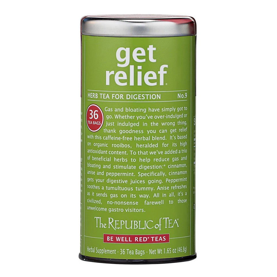 The Republic of Tea Get Relief Tea 36-count package, caffeine-free herbal blend.