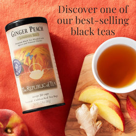 Close-up of ginger peach tea bags showcasing natural flavors for hot or iced tea.