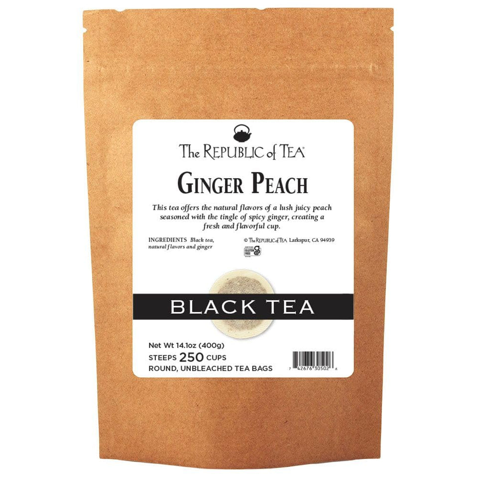 The Republic of Tea ginger peach black tea bags offer rich aroma for daily enjoyment.