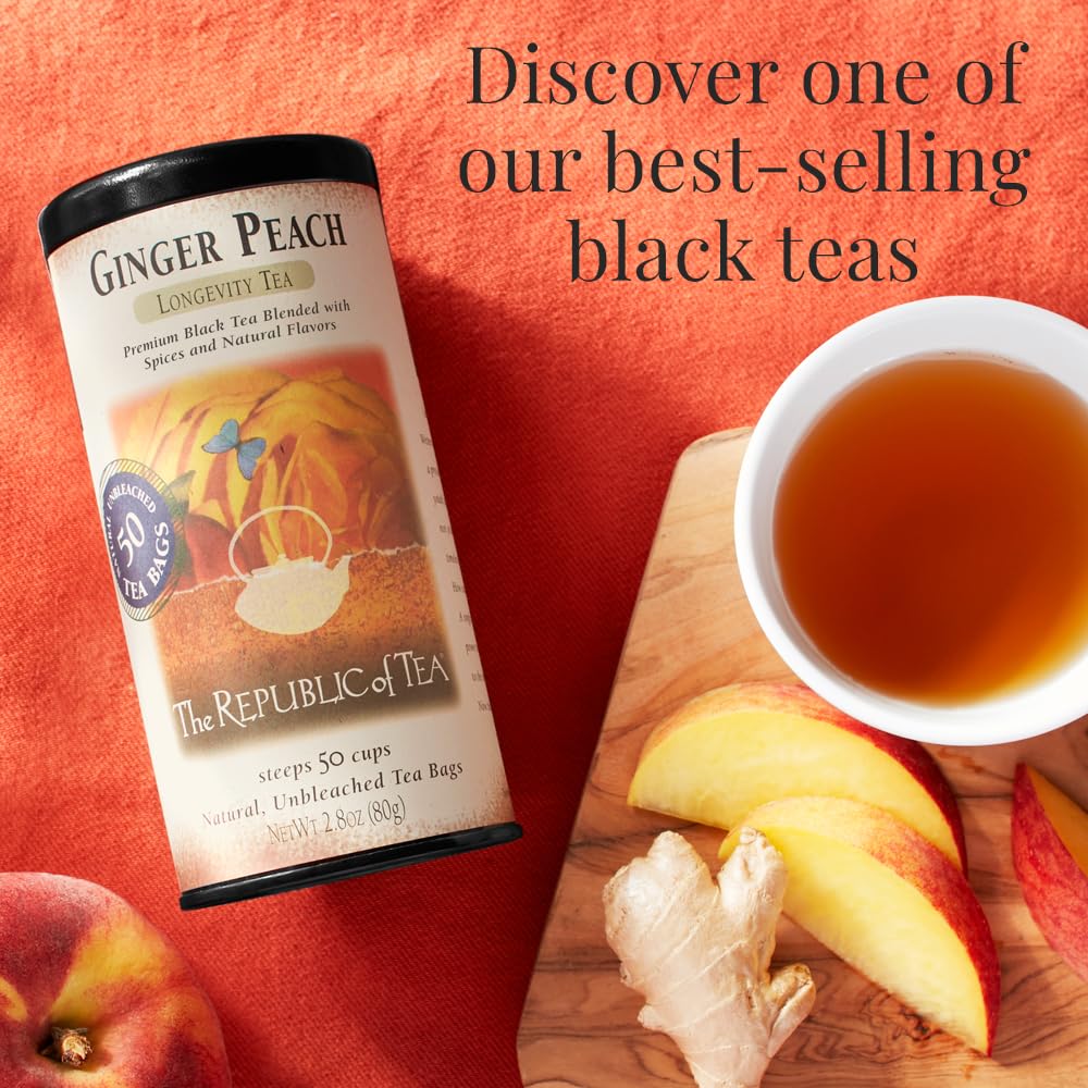 The Republic of Tea Ginger Peach Black Tea brewing setup demonstrates hot or iced service.