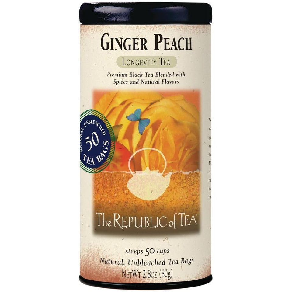 The Republic of Tea Ginger Peach Black Tea packaging highlights the premium blend for everyday enjoyment.