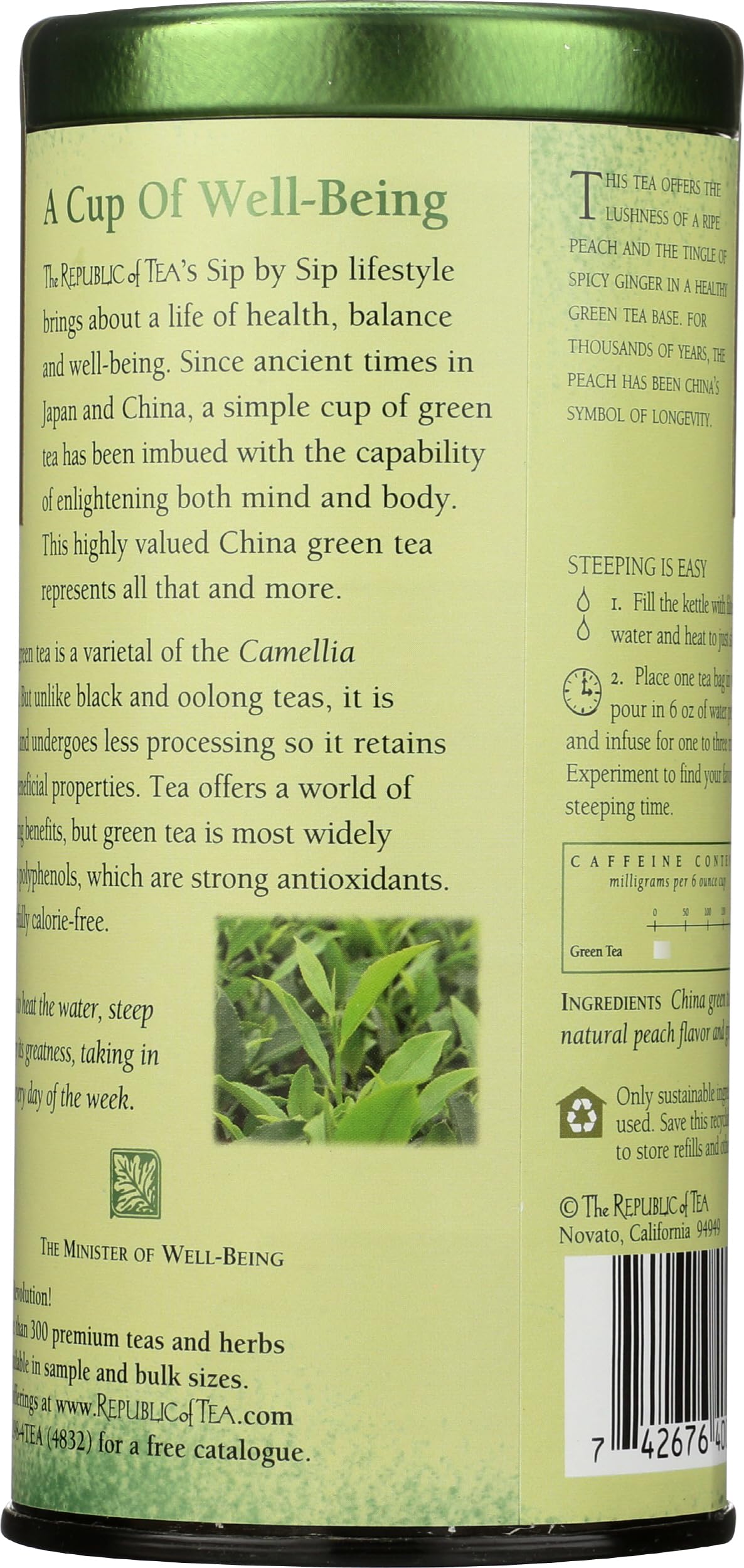 Steeped cup of The Republic of Tea Ginger Peach Green Tea releasing fragrant aroma