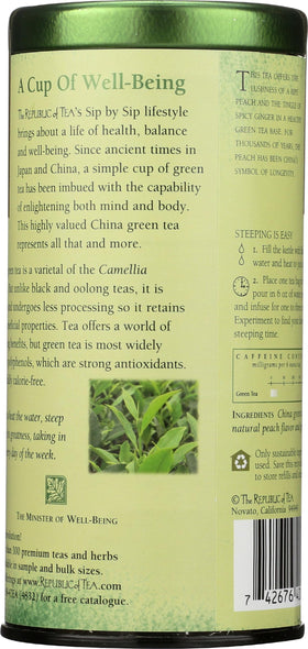 Steeped cup of The Republic of Tea Ginger Peach Green Tea releasing fragrant aroma