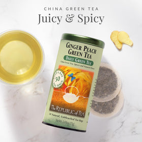 The Republic of Tea Ginger Peach Green Tea bags ready for quick, flavorful infusions