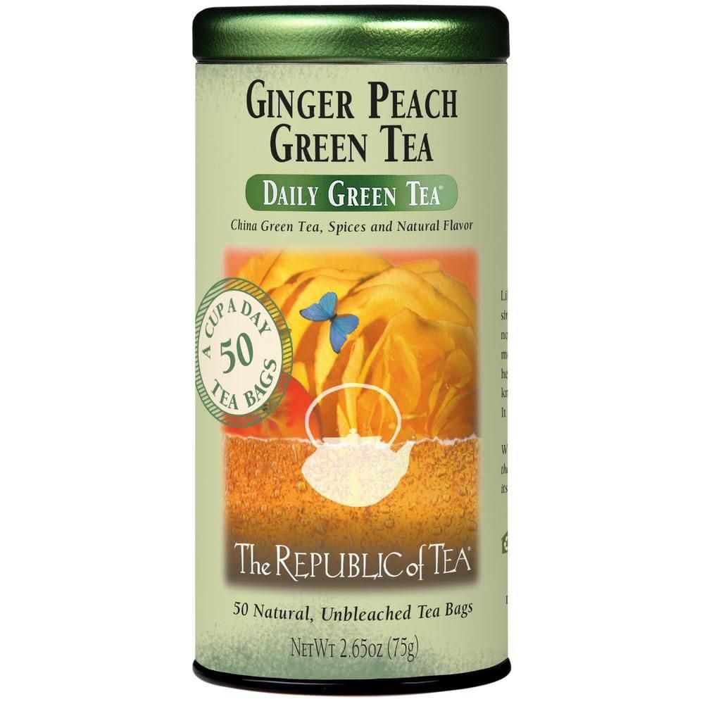 The Republic of Tea Ginger Peach Green Tea tin front highlighting refreshing flavor