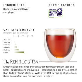 Packaging highlight gluten-free certification for The Republic of Tea's ginger peach blend.