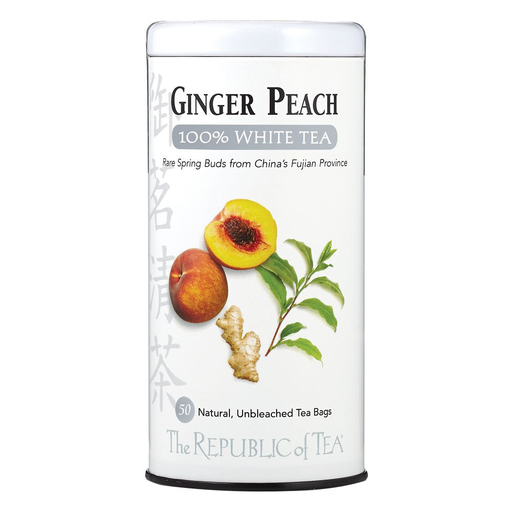 The Republic of Tea Ginger Peach white tea bags release a peachy aroma for refreshing cups