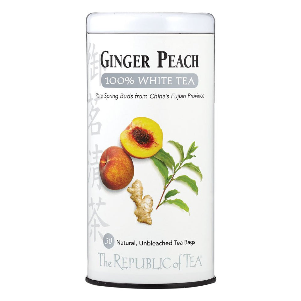 The Republic of Tea Ginger Peach white tea bags release a peachy aroma for refreshing cups