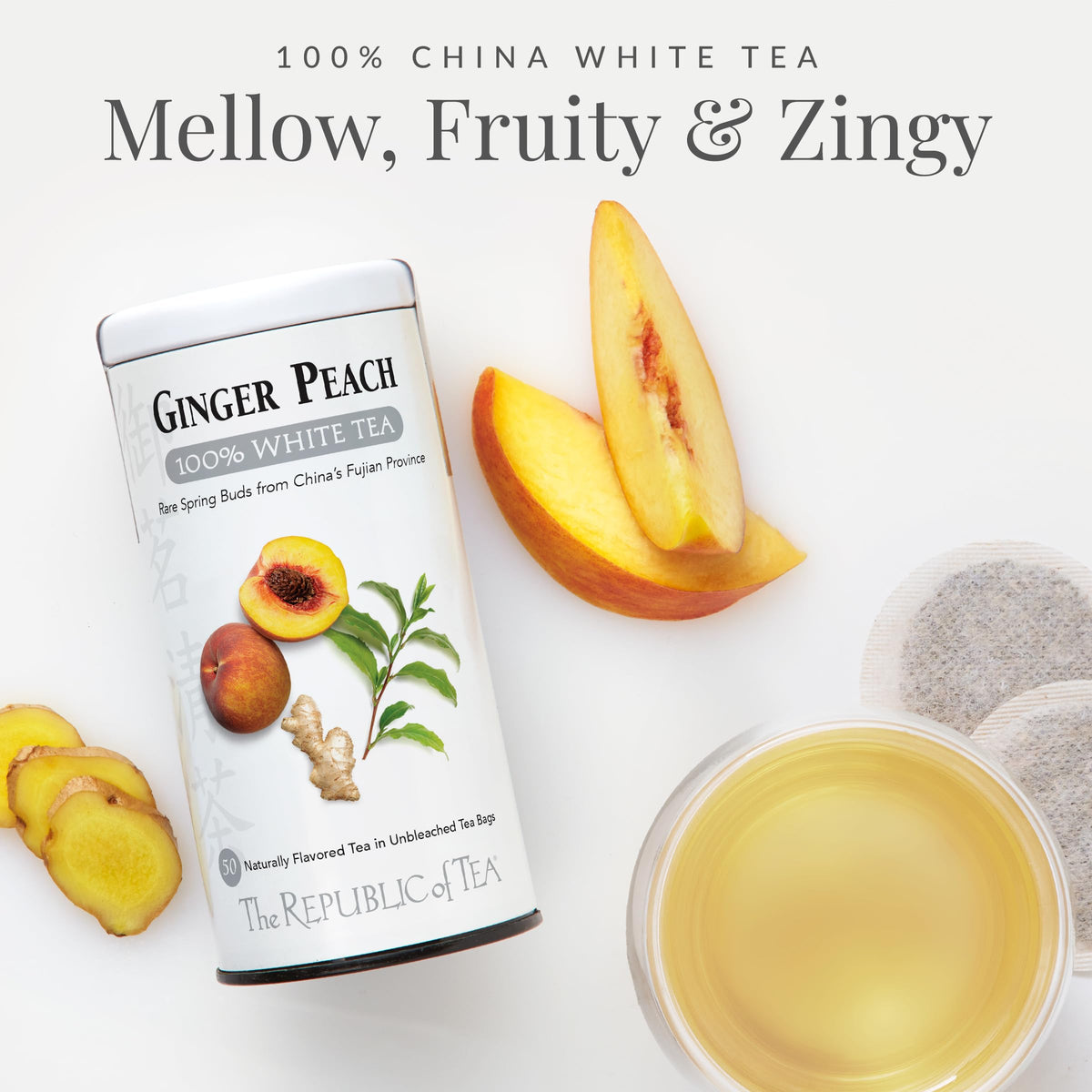 The Republic of Tea ginger peach white tea dry leaf close-up shows premium, rare white tea