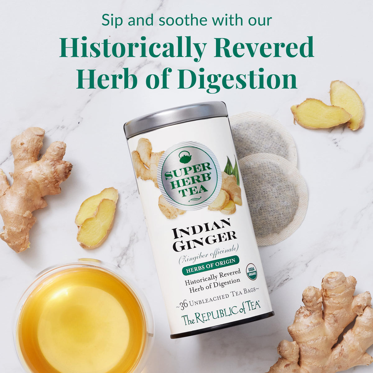 The Republic of Tea ginger root close-up, fresh aroma and earthy notes for a comforting cuppa.