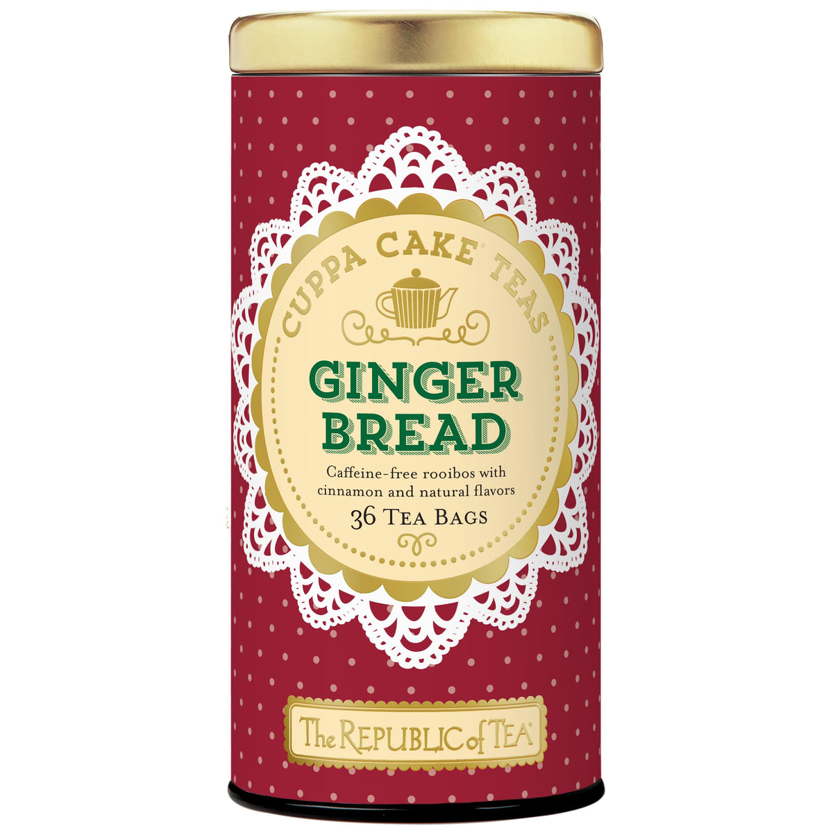 The Republic of Tea Gingerbread Cuppa Cake tea bag tin, cozy holiday aroma for gatherings.