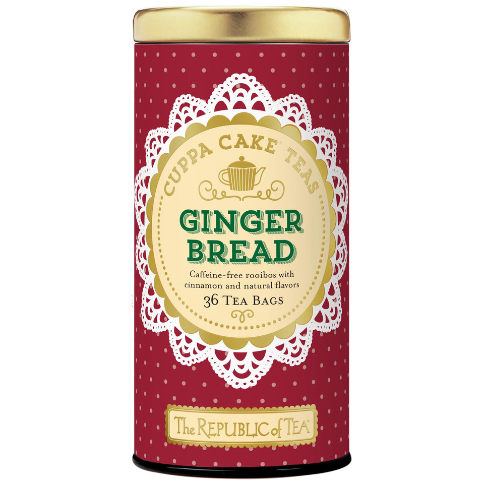 The Republic of Tea Gingerbread Cuppa Cake tea bag tin, cozy holiday aroma for gatherings.