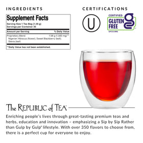 The Republic of Tea glass teacup serve emphasizes a relaxing daily tea moment.