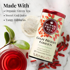 The Republic of Tea goji berry green superfruit tea tin close-up tart-sweet berry notes for daily flavor
