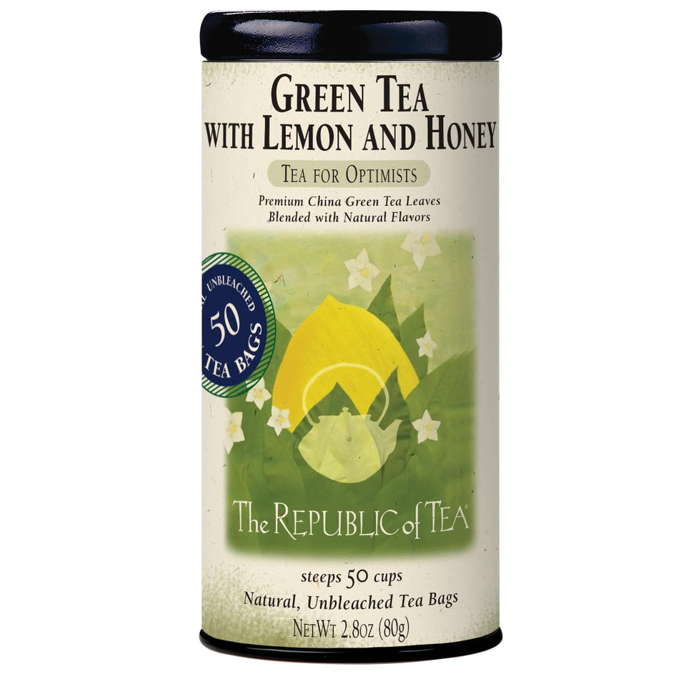 The Republic of Tea green tea with lemon and honey bag in cup, refreshing and bright.