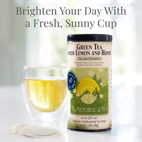 The Republic of Tea green tea with lemon and honey tea bags packaging, eco-friendly and convenient.