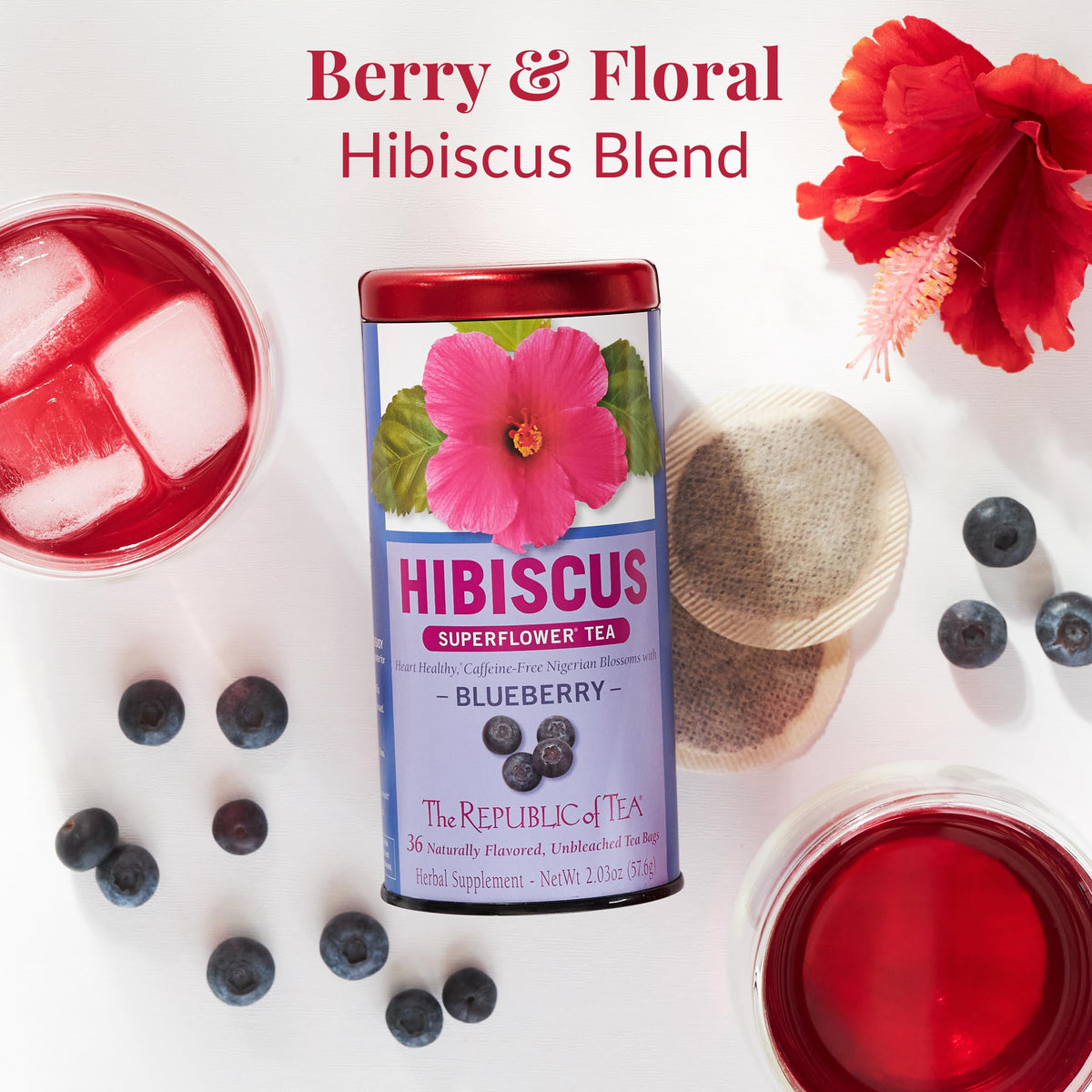 The Republic of Tea hibiscus blueberry brew cup shows fruity aroma.