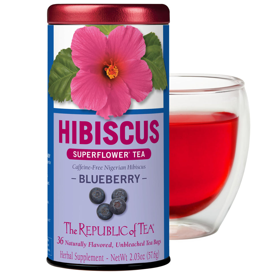 The Republic of Tea hibiscus blueberry tea bag tin for caffeine-free refreshment.