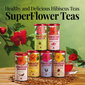 The Republic of Tea hibiscus blueberry tea infusion scene suggests ready-to-drink versatility.