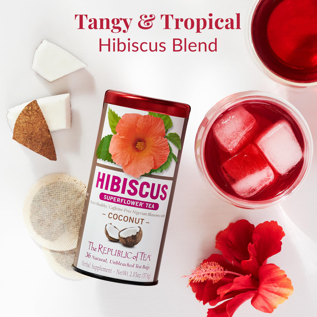 The Republic of Tea hibiscus coconut steeped cup showing vibrant color and inviting aroma.