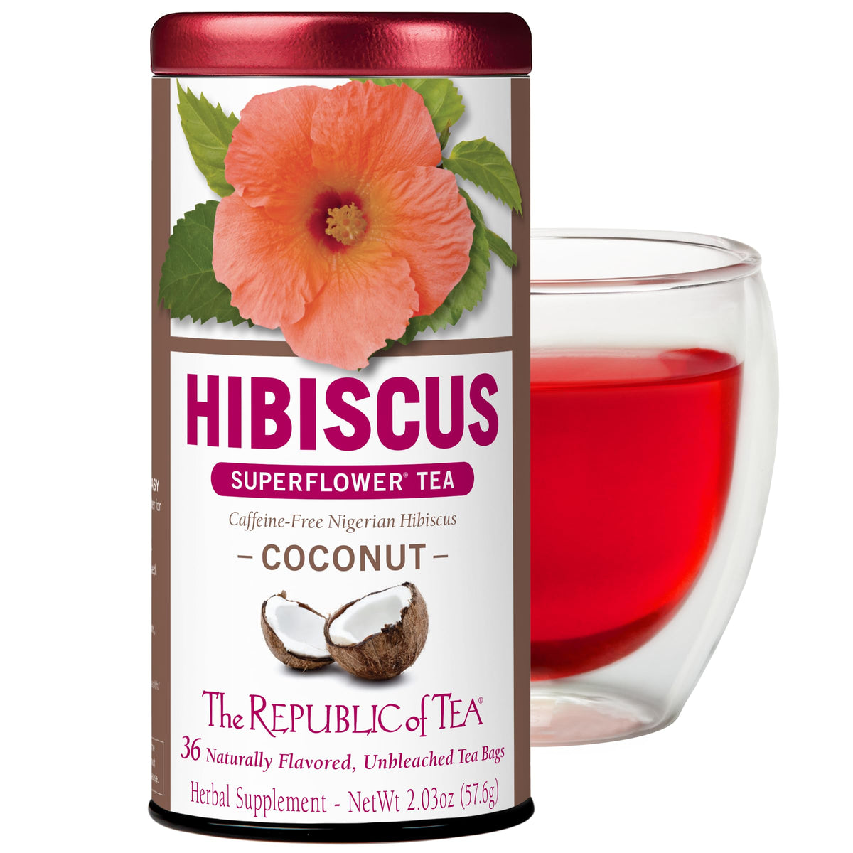 The Republic of Tea hibiscus coconut tea bag ready to brew for a tropical moment.