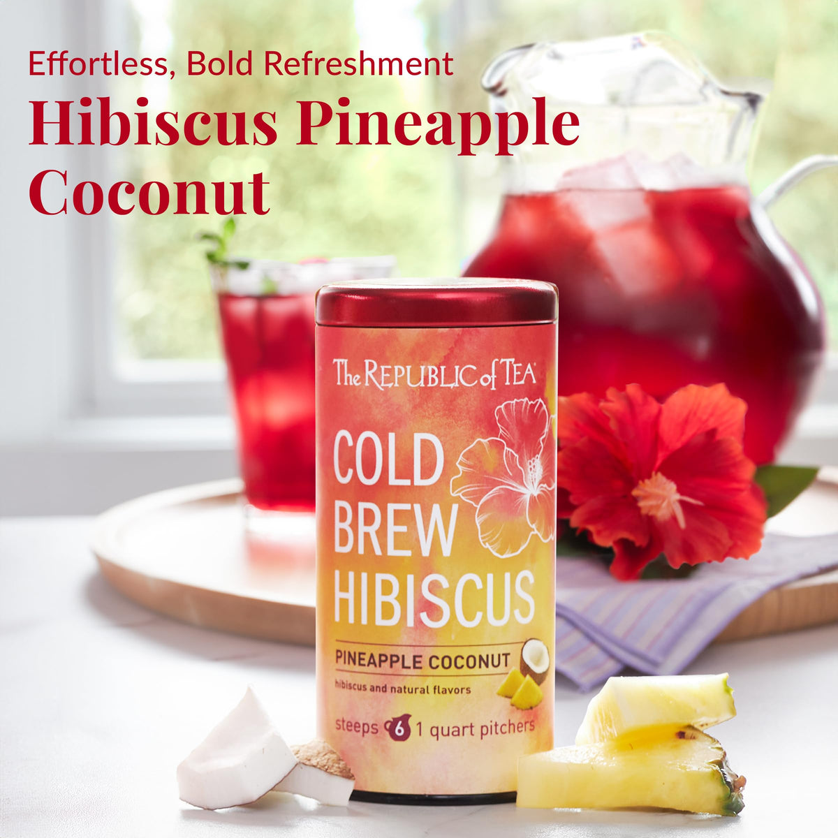 Close-up of hibiscus and fruit flavors highlighting tropical notes from The Republic of Tea.