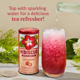 The Republic of Tea hibiscus strawberry brewed cup with vibrant crimson color