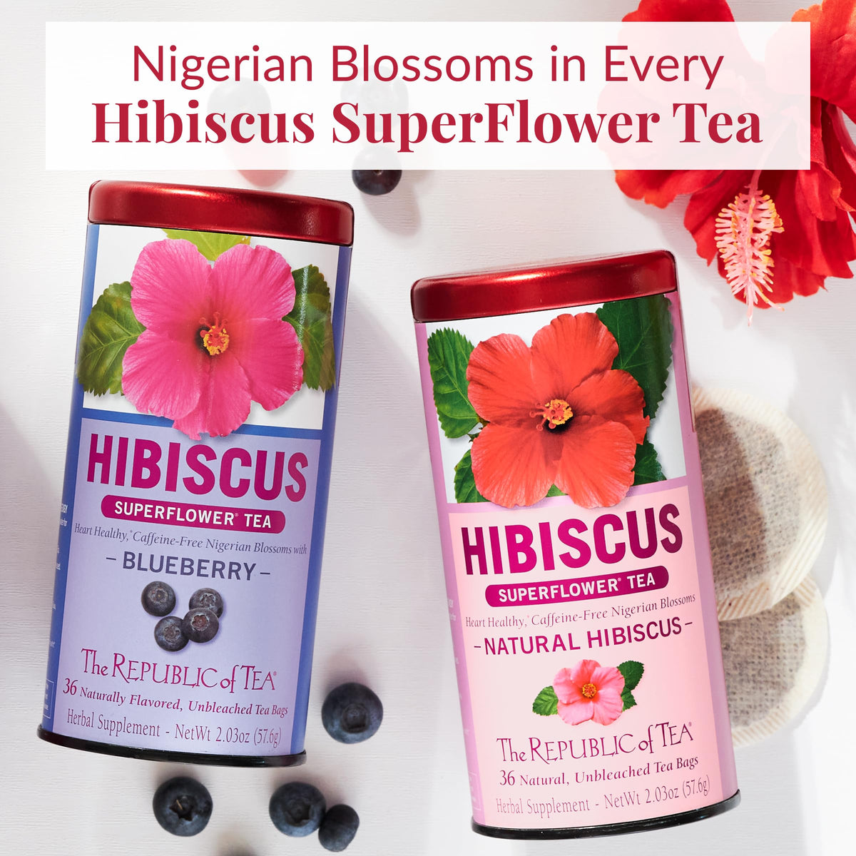 Close-up hibiscus petals with strawberry notes from The Republic of Tea blend