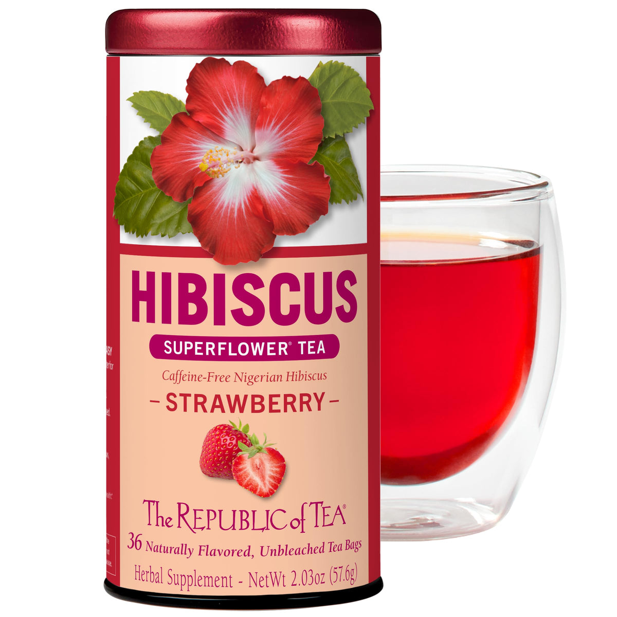 The Republic of Tea hibiscus strawberry tea bag ready to brew a caffeine-free cup