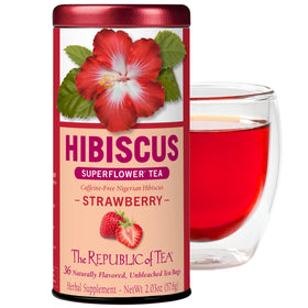 The Republic of Tea hibiscus strawberry tea bag ready to brew a caffeine-free cup