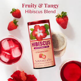 The Republic of Tea hibiscus strawberry tea cup steeping for a refreshing aroma