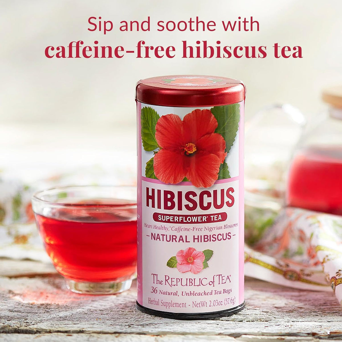 The Republic of Tea hibiscus tea bags offer a caffeine-free, gluten-free herbal option for any time.