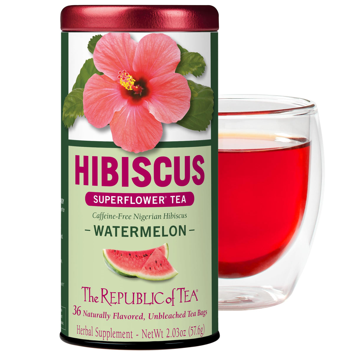 The Republic of Tea hibiscus watermelon superflower tea bags for a caffeine-free ritual