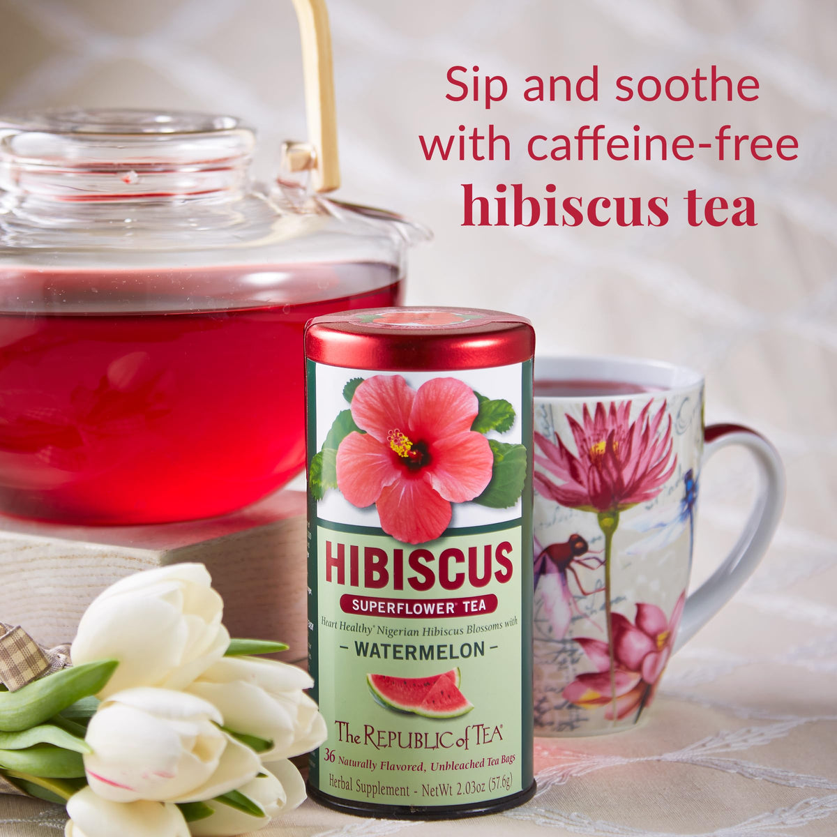 The Republic of Tea hibiscus watermelon superflower tea box showcasing premium ingredients