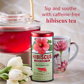 The Republic of Tea hibiscus watermelon superflower tea box showcasing premium ingredients