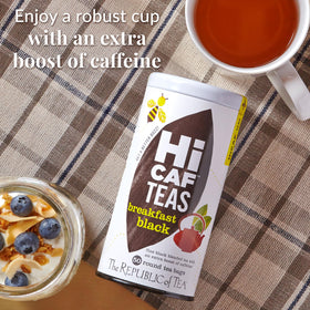 HiCAF Breakfast Black Tea packaging highlighting premium blend and eco-friendly design.