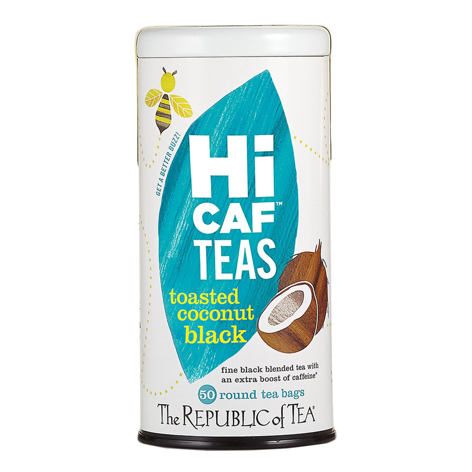 The Republic of Tea HiCAF Toasted Coconut Tea Bag ready to brew for a bold morning boost