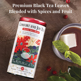 The Republic of Tea Holiday Spice blend packets evoke cinnamon and cloves for seasonal aroma.