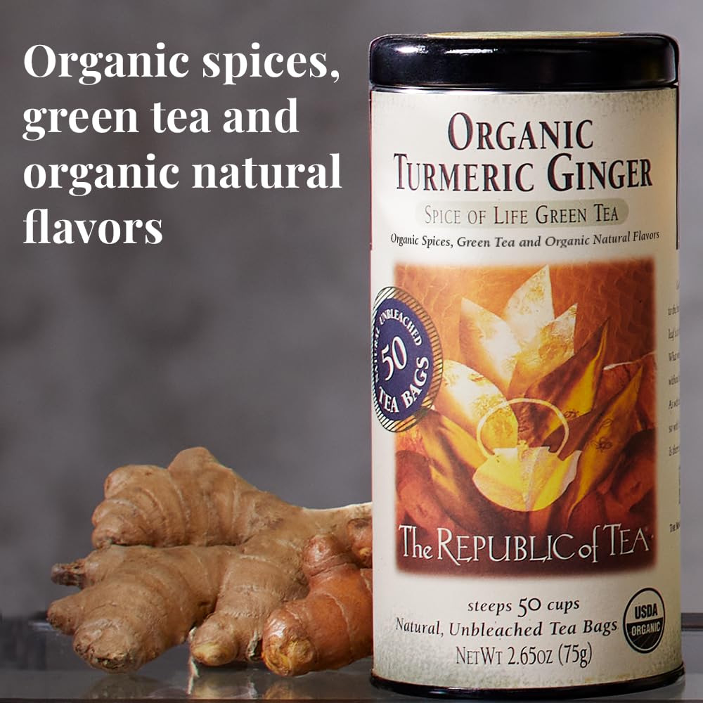A warm cup of The Republic of Tea with honey-flavored turmeric-ginger infusion.