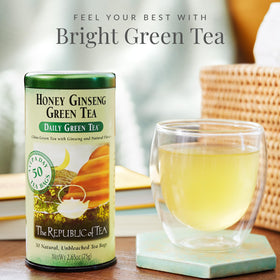 The Republic of Tea honey ginseng green tea bags deliver balanced flavor in a quick brew.