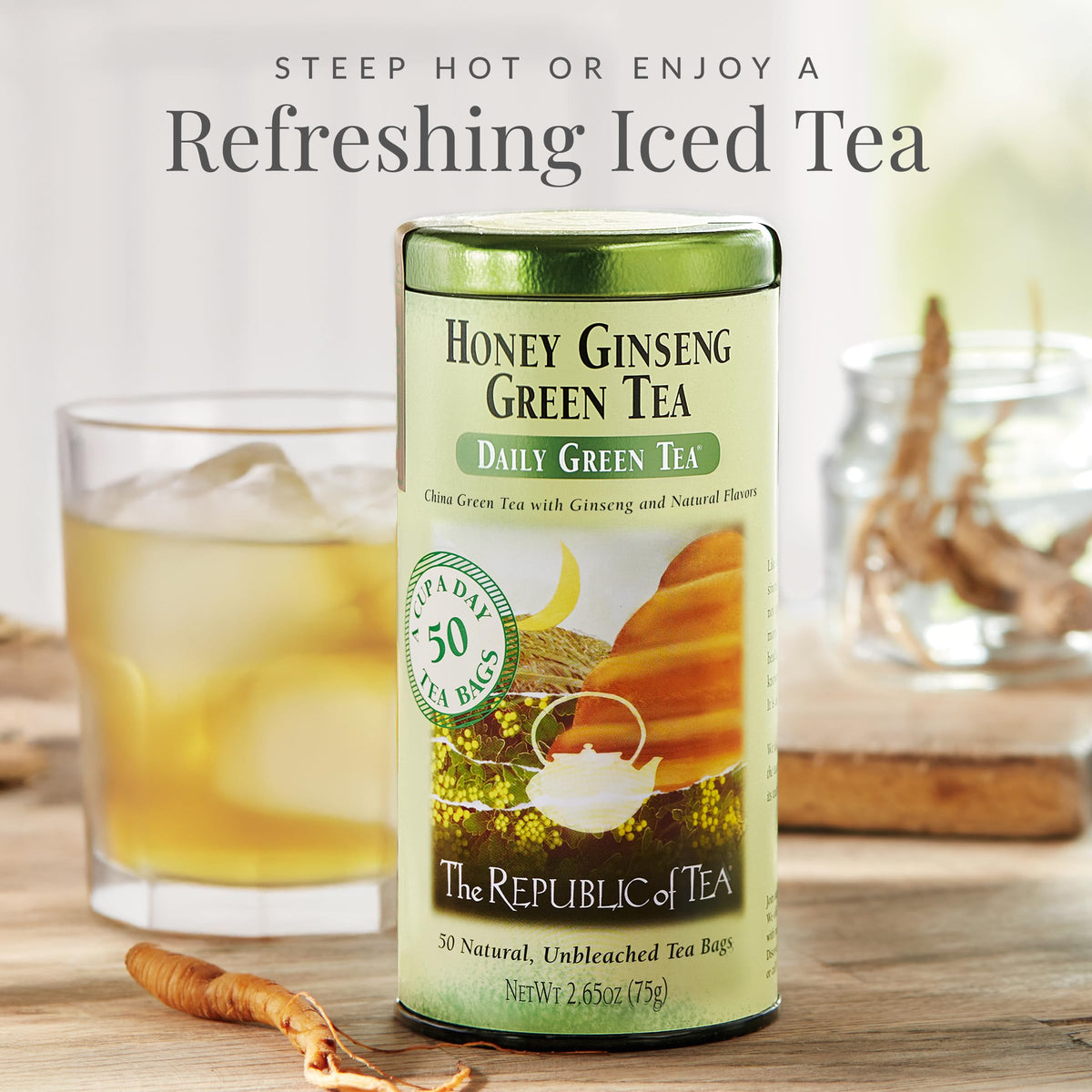 The Republic of Tea Honey Ginseng Green Tea leaves and honey illustrate natural flavor harmony.
