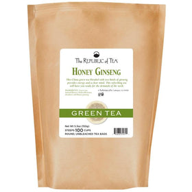 The Republic of Tea Honey Ginseng Green Tea packaging highlights a convenient refill pack.