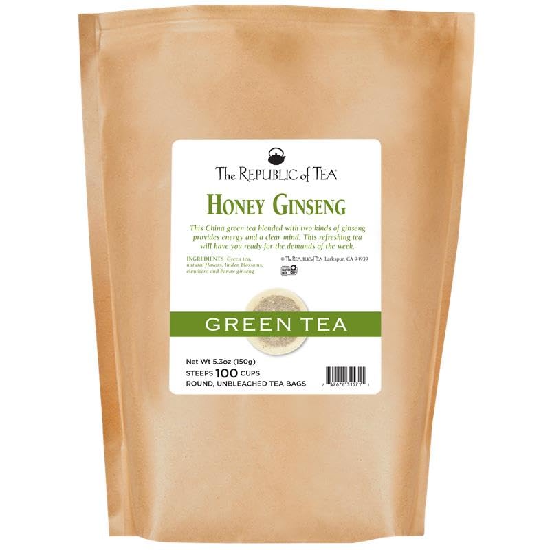 The Republic of Tea Honey Ginseng Green Tea packaging highlights a convenient refill pack.