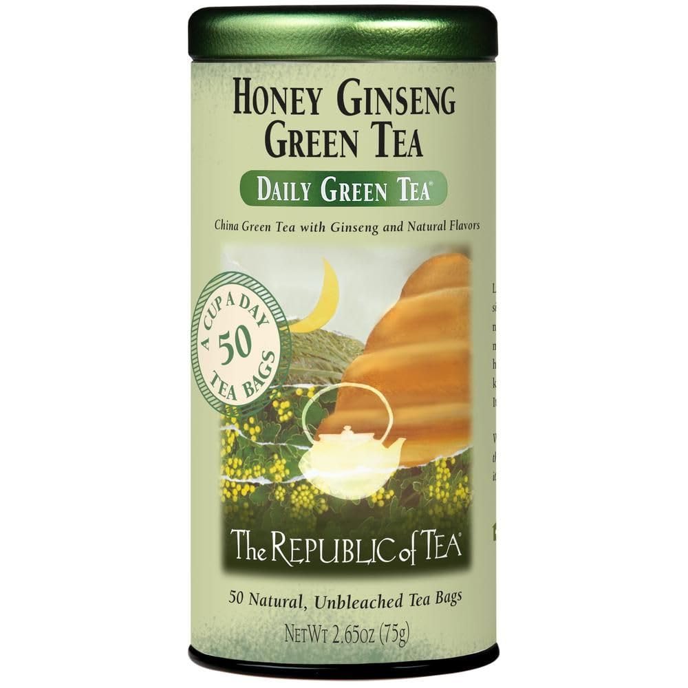 The Republic of Tea honey ginseng green tea tin showcases premium blend for a soothing afternoon ritual.