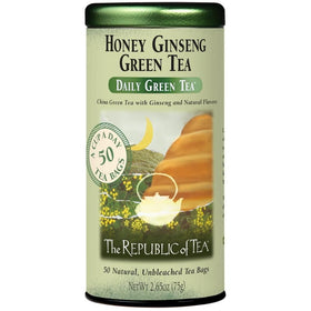 The Republic of Tea honey ginseng green tea tin showcases premium blend for a soothing afternoon ritual.