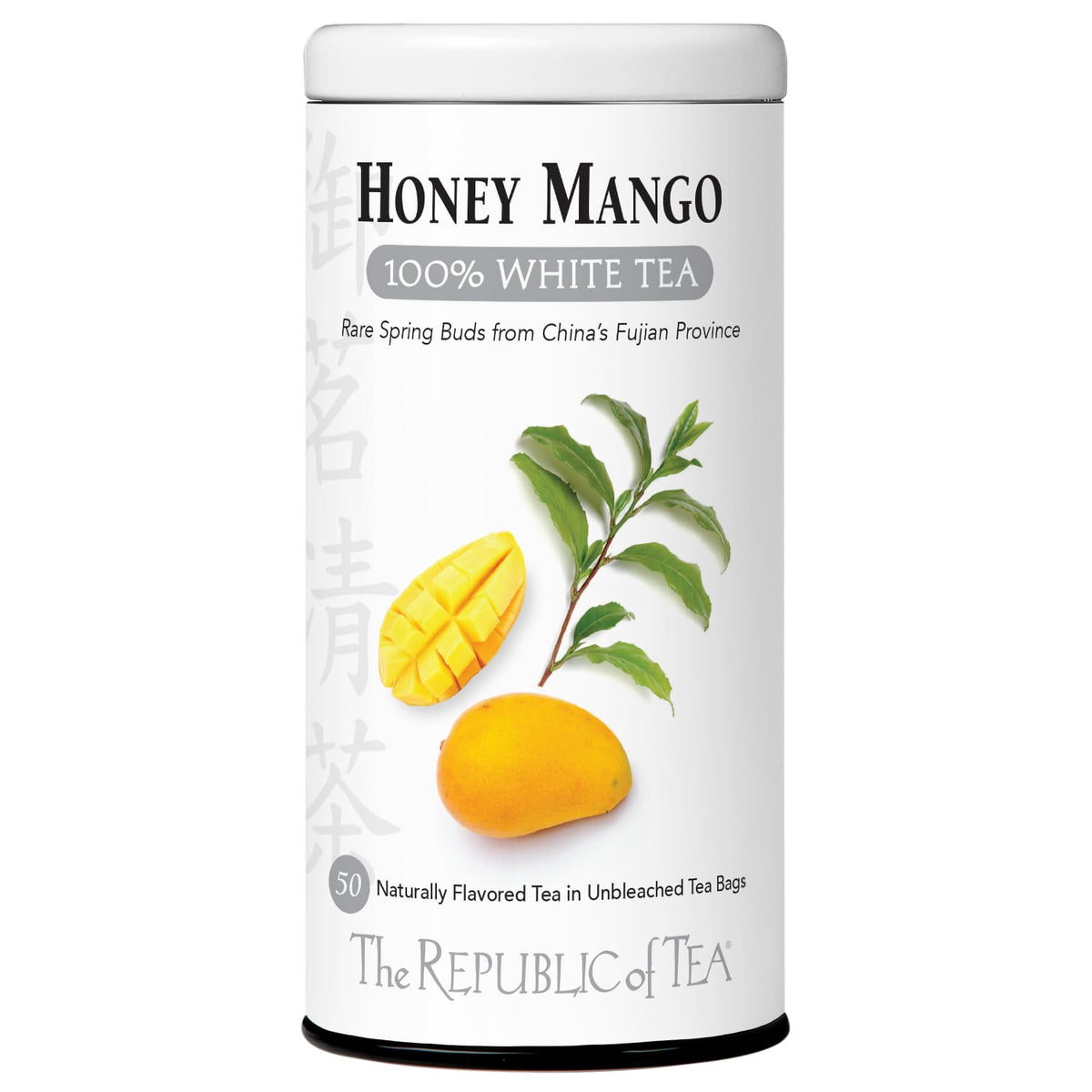 The Republic of Tea Honey Mango White Tea bag front showing premium packaging.
