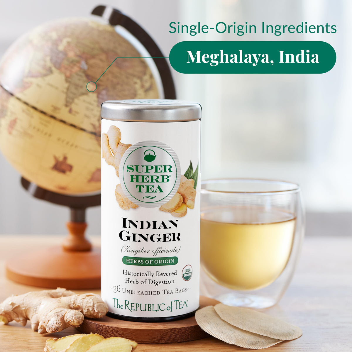 The Republic of Tea hot cup of Indian Ginger tea, inviting warmth and soothing sensory experience.